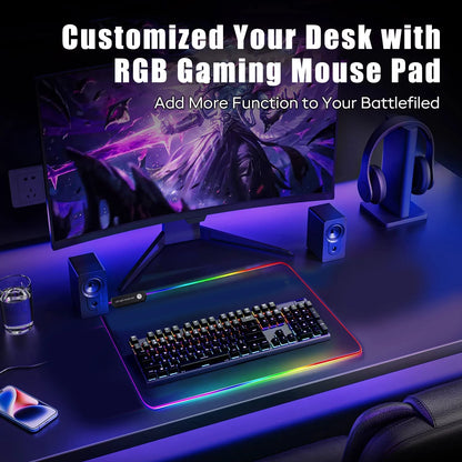 RGB Large Gaming Mouse Pad,  Extended Thick LED Keyboard Pad with 9 Lighting Modes, Anti-Slip Waterproof Oversized Computer Mouse Pad Mat, Xxxl/30.7X11.8Inch, Black