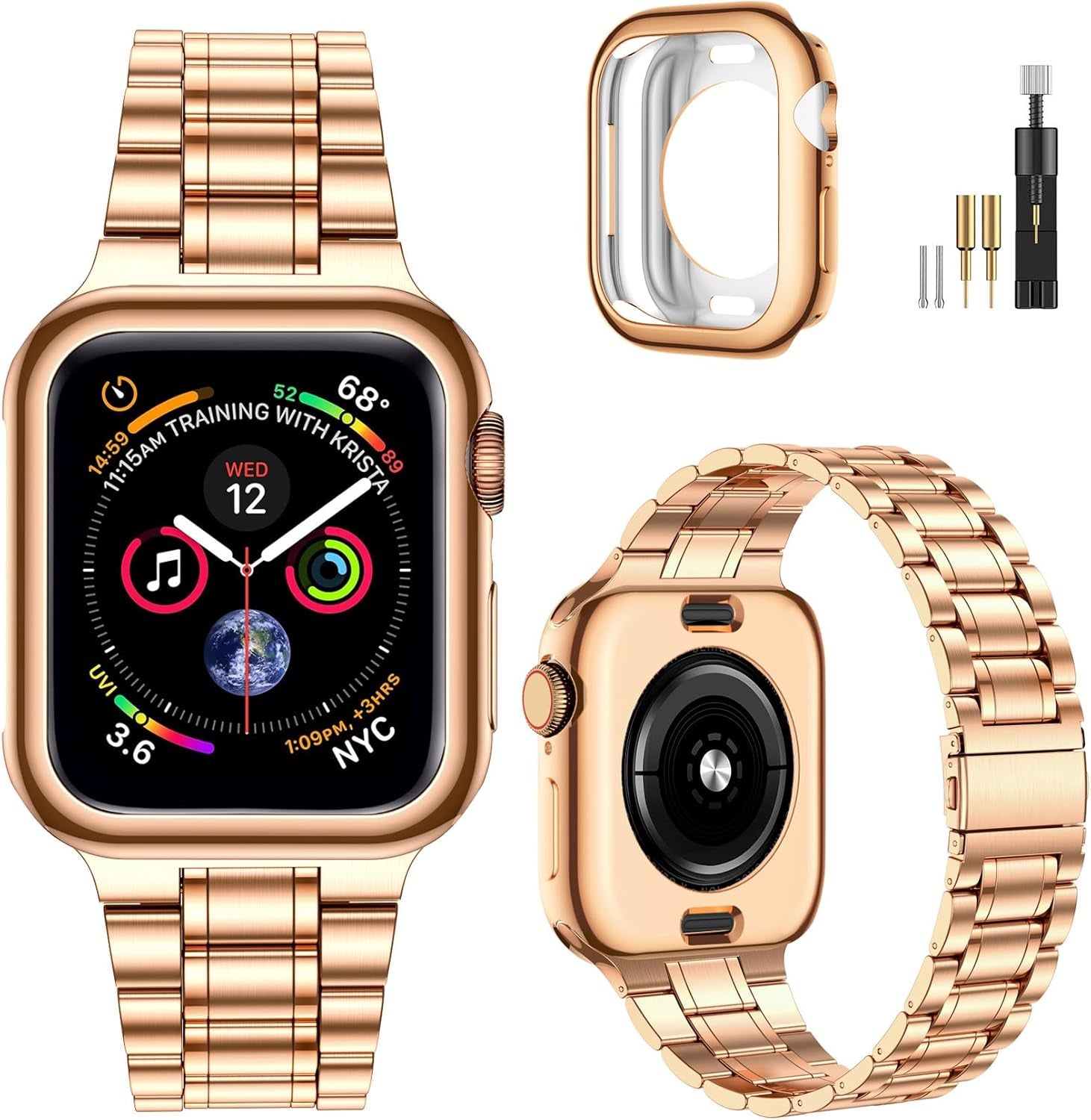 Miohhr Solid Stainless Steel Band Compatible with Apple Watch 44Mm 42Mm (Not Series 10), Metal Strap with Soft TPU Case for Iwatch Series 6 5 4 3 2 1 SE Women and Men, Gold