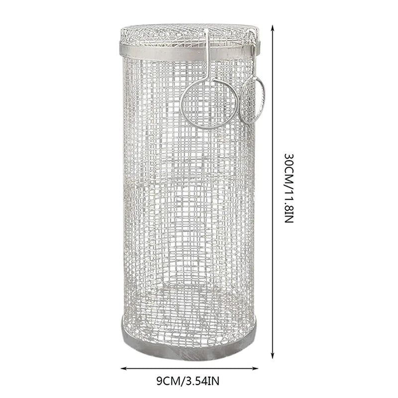 BBQ Basket Stainless Steel Rolling Grilling Basket Wire Mesh Cylinder Grill Basket Portable round Outdoor Camping Barbecue Rack