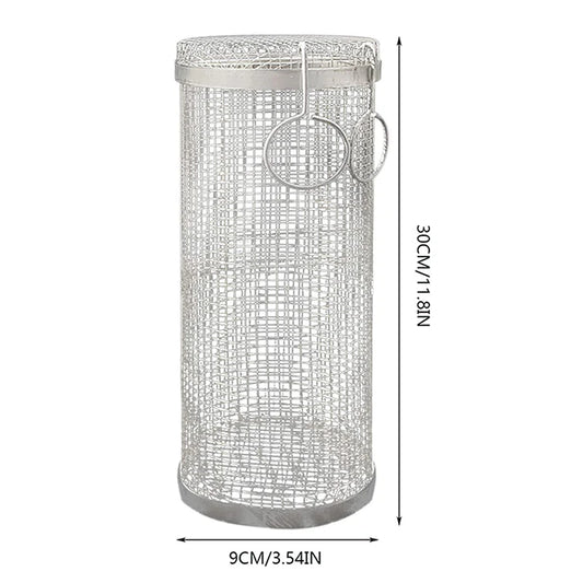 BBQ Basket Stainless Steel Rolling Grilling Basket Wire Mesh Cylinder Grill Basket Portable round Outdoor Camping Barbecue Rack