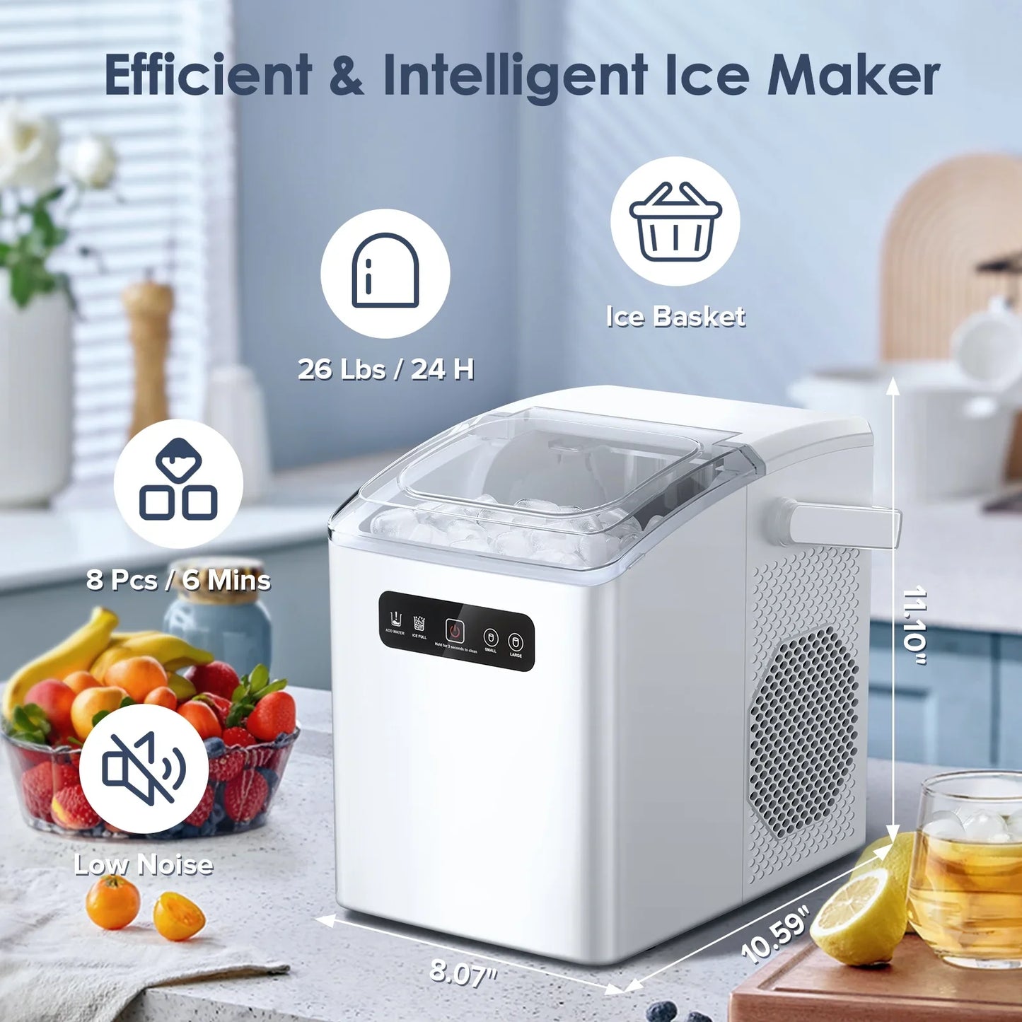 Countertop Portable Ice Maker, Self-Cleaning with Handle, Ice Scoop, 2 Sizes of Bullet Ice Cubes,For Home/Kitchen/Office-Black