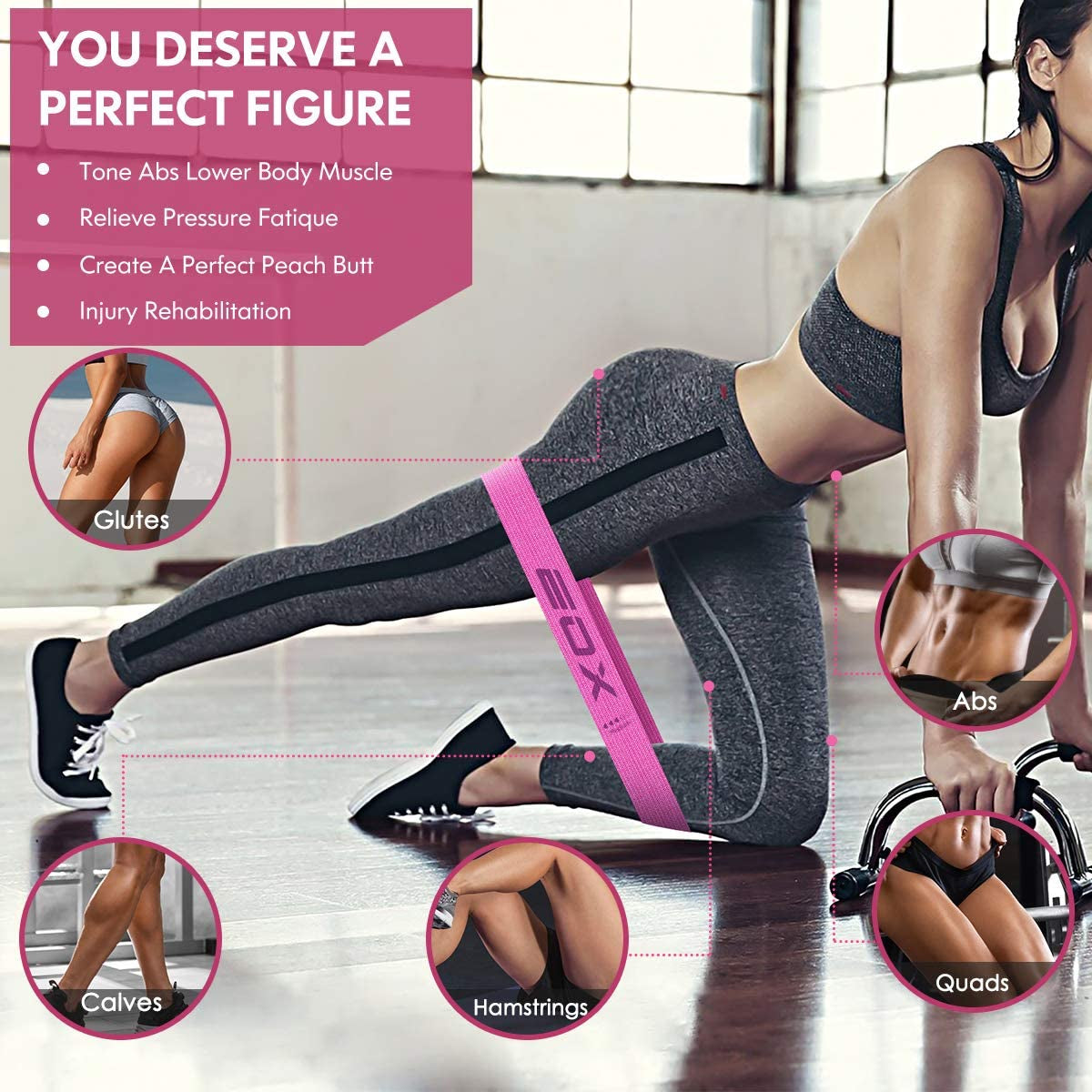 EOX Exercise Resistance Fabric Loop Bands, Non-Slip Resistance Workout Bands for Legs & Butt and Glutes, 5 Resistance Levels Hip Training Bands (Pink)