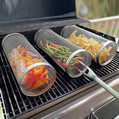 BBQ Basket Stainless Steel Rolling Grilling Basket Wire Mesh Cylinder Grill Basket Portable round Outdoor Camping Barbecue Rack