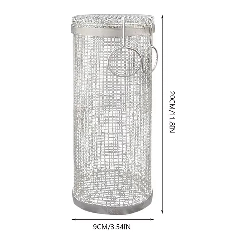 BBQ Basket Stainless Steel Rolling Grilling Basket Wire Mesh Cylinder Grill Basket Portable round Outdoor Camping Barbecue Rack