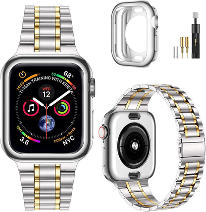 Miohhr Solid Stainless Steel Band Compatible with Apple Watch 44Mm 42Mm (Not Series 10), Metal Strap with Soft TPU Case for Iwatch Series 6 5 4 3 2 1 SE Women and Men, Gold