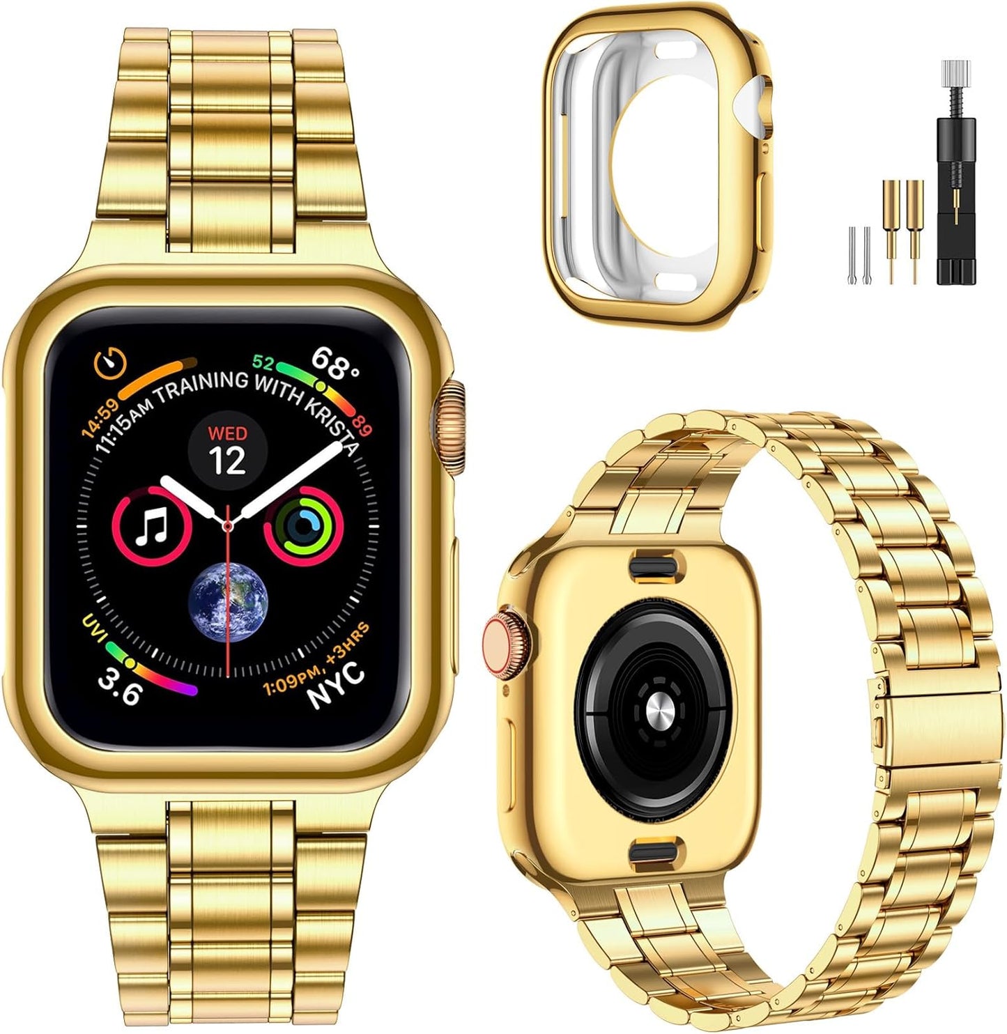 Miohhr Solid Stainless Steel Band Compatible with Apple Watch 44Mm 42Mm (Not Series 10), Metal Strap with Soft TPU Case for Iwatch Series 6 5 4 3 2 1 SE Women and Men, Gold